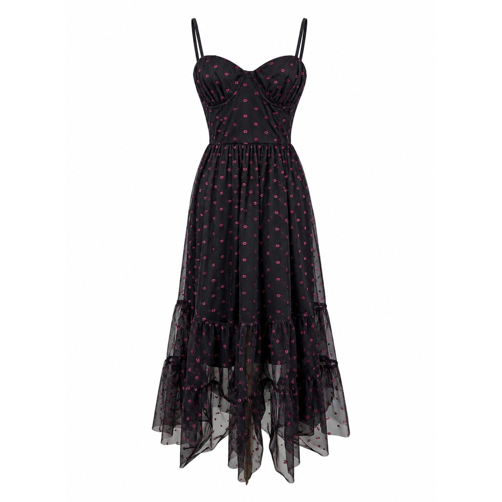 Betsey Johnson Bustier Tulle Glitter Lips Midi Dress Black Pink Sz 2 Goth